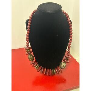 Vintage Chunky Wood Bead Necklace Wooden Stylish Boho 80s‎ 90s Hippie Red Trendy